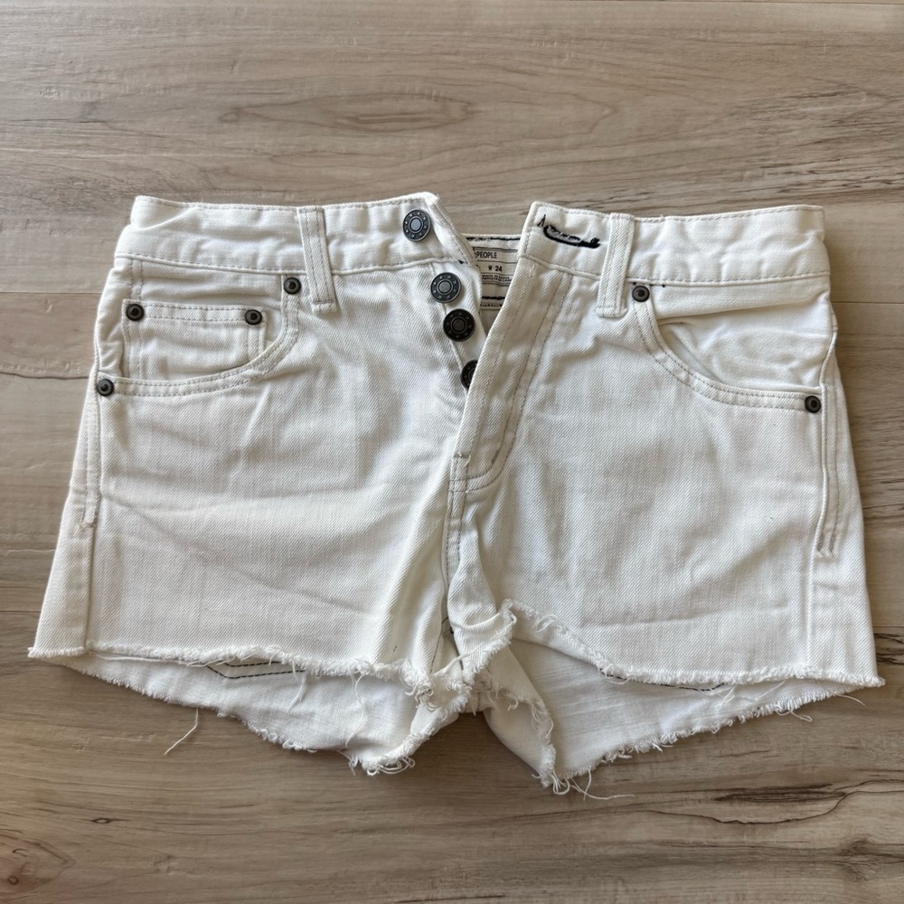 Free People White Denim Shorts Fray Hem Button Fly Cotton